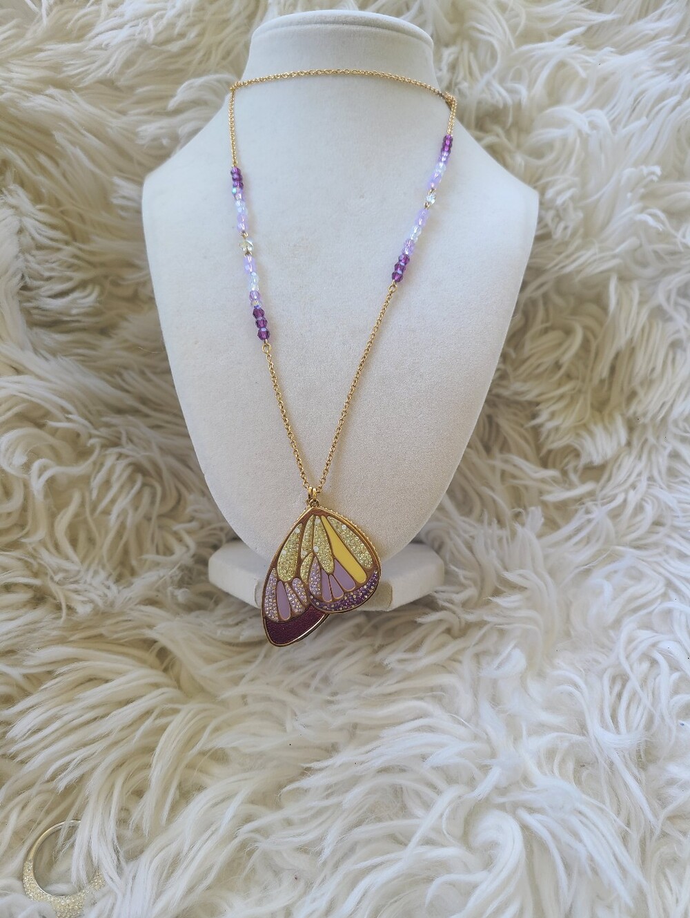 Swarovski Purple And Gold Double Butterfly Wings Pendant Necklace-Good Condition